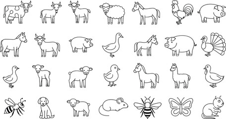 Obraz premium Farm Animals Doodle Set, Cow, Goat, Sheep, Horse, Chicken Outline