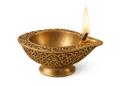 Diya lamp burning, traditional brass oil lamp for diwali festival, hindu puja worship, transparent background - Powered by Adobe