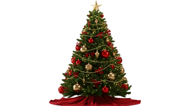 A beautifully decorated christmas tree with red and gold ornaments, lights, and a star on top