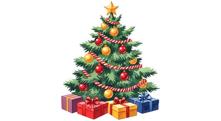 A festive christmas tree adorned with ornaments and lights, surrounded by colorful gift boxes