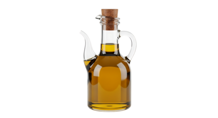 Glass cruet filled, golden olive oil and cork stopper bottle, isolated on white or transparent background, AI