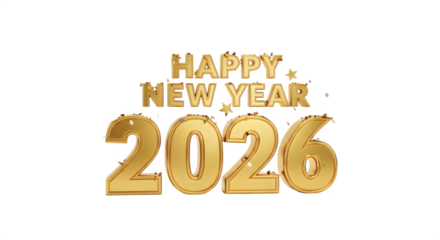 Golden balloons spelling happy new year 2026 with stars isolated on transparent background