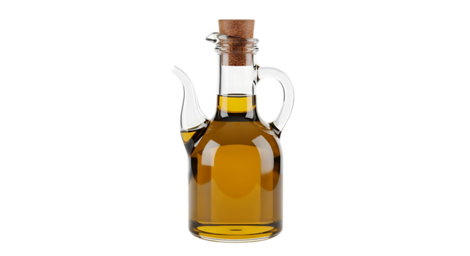 Glass cruet filled, golden olive oil and cork stopper bottle, isolated on white or transparent background, AI