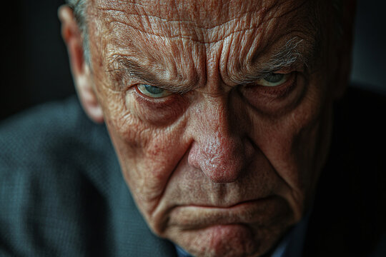 Close-up of an angry old man with deep wrinkles and piercing eyes. Emotional portrait showing frustration and intensity.