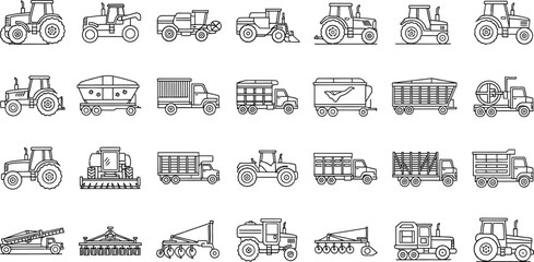 Farm Vehicles Set Outline Style Tractors, Harvesters, Trailers on Transparent Background