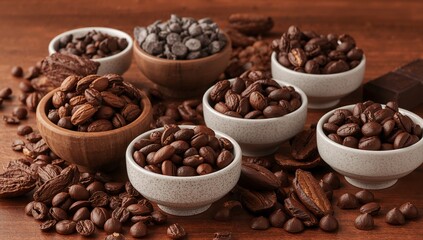 Fototapeta premium Assorted Cocoa Bowls, Brown Coffee Beans and Dark Chocolate Still Life, CloseUp Shot.