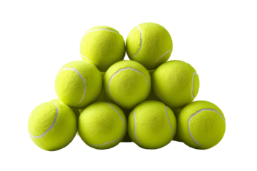 Pile of bright yellow tennis balls arranged in a pyramid shape