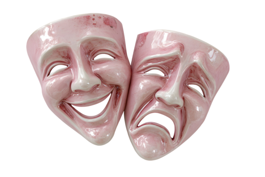 Pink comedy and tragedy masks representing emotions