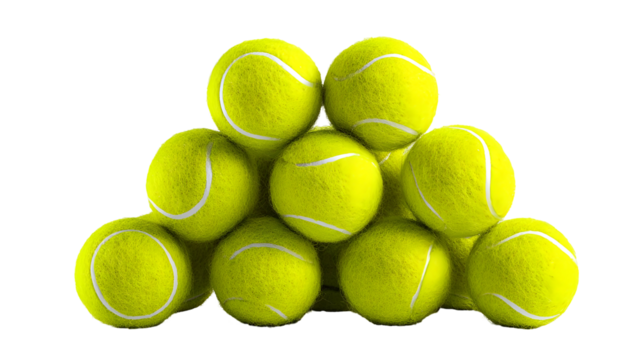 Pile of bright yellow tennis balls arranged in a triangle shape