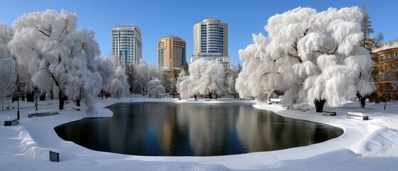 A serene winter scene shows a calm lake reflecting colorful clouds and surrounding trees during sunset