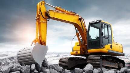 Excavator moves large rocks along a road while mountains stand in the background, showcasing road construction activity at dusk