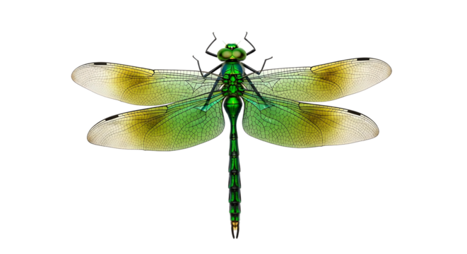 Detailed, a metallic green dragonfly with translucent wings, isolated on white or transparent background, AI