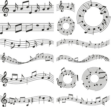 Music notation pattern with notes staves and treble clefs design