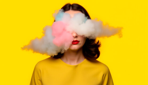 Colored smoke around the girl's head as a concept of mental disorder. Metaphor of mood disorder, psyche, mind