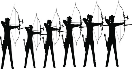 Archers in silhouette aiming bows, demonstrating focus and precision in archery, highlighting teamwork and competitive spirit in sport