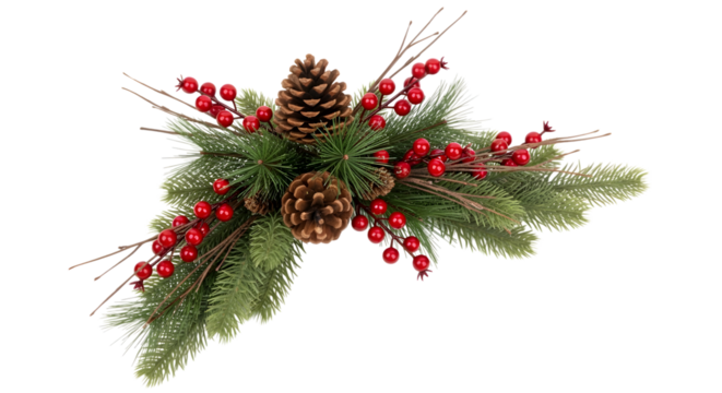 A festive christmas arrangement with pine cones, evergreen branches, and red berries
