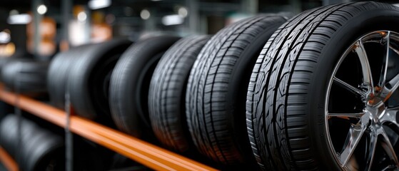 Fototapeta premium A detailed view of a tire showcases its tread pattern, surrounded by neatly arranged boxes and shelves in a large storage area