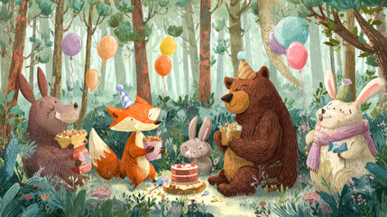 Cute forest animals celebrating birthday with balloons cake and gifts in colorful woodland