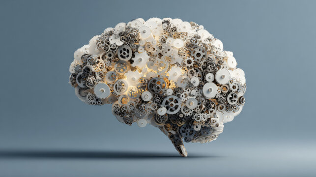Futuristic mechanical brain made of gears and cogs on blue background