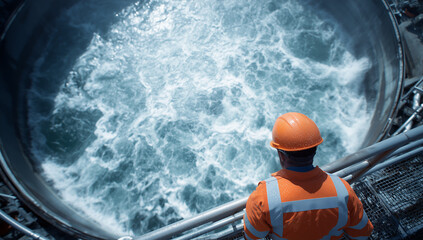 Worker observes turbulent water flowing from the large pipe at an industrial facility near the ocean during a sunny day Generative AI