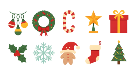 Collection of christmas icons including ornaments, wreath, candy cane, star, gift, holly, snowflake, gingerbread man, stocking, and tree