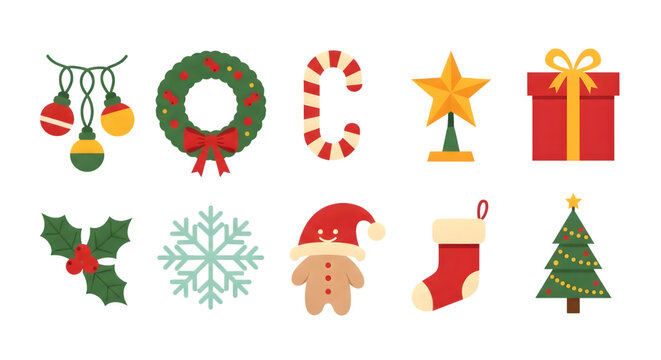 Collection of christmas icons including ornaments, wreath, candy cane, star, gift, holly, snowflake, gingerbread man, stocking, and tree