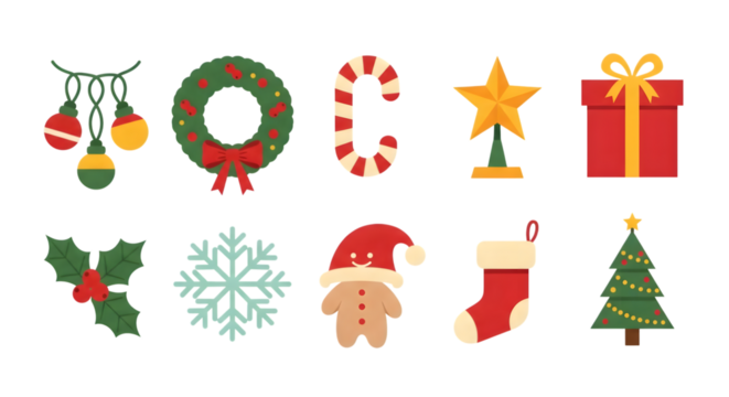 Collection of christmas icons including ornaments, wreath, candy cane, star, gift, holly, snowflake, gingerbread man, stocking, and tree