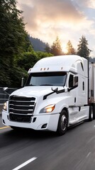 A truck is moving swiftly along a wide highway with beautiful landscape views, capturing the essence of travel at sunset