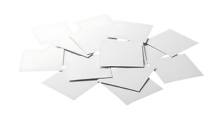 Pile of blank white paper cards scattered and overlapping isolated, image, isolated on white or transparent background, AI