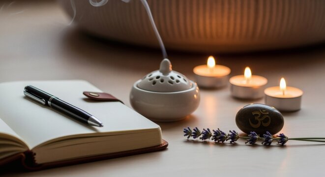 Mental wellness: close-up of a mindfulness corner with a journal, incense, and soft candlelight, captured with photoreal detail. Wellness and Lifestyle concept