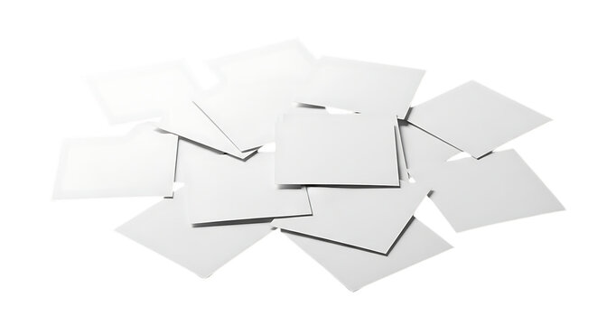 Pile of blank white paper cards scattered and overlapping isolated, image, isolated on white or transparent background, AI