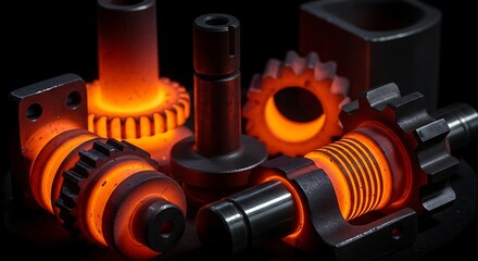 A dramatic close-up composition of various industrial metal components, including gears, shafts, and specialized parts, glowing intensely with vibrant orange and red incandescence against a dark, cont
