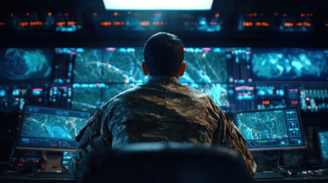 Army Officer Overseeing Digital Radar in Futuristic Military Control Room