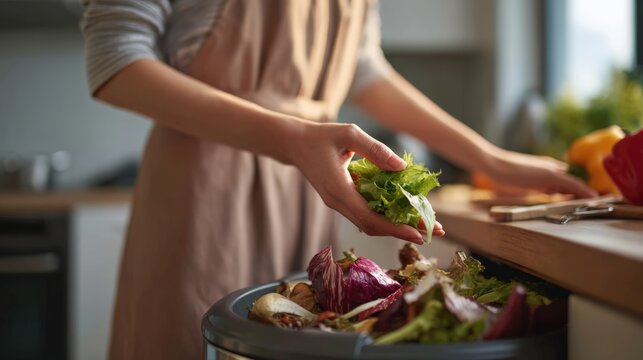Close-up of Woman Disposing Salad Scraps in Modern Kitchen Setting