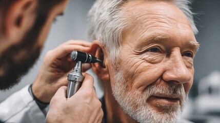 Doctor Examining Senior Man's Ear Health with Otoscope in Modern ENT Office