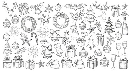 Collection of handdrawn christmas elements in sketch style, including trees, gifts, ornaments, and santa hats