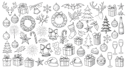 Collection of handdrawn christmas elements in sketch style, including trees, gifts, ornaments, and santa hats