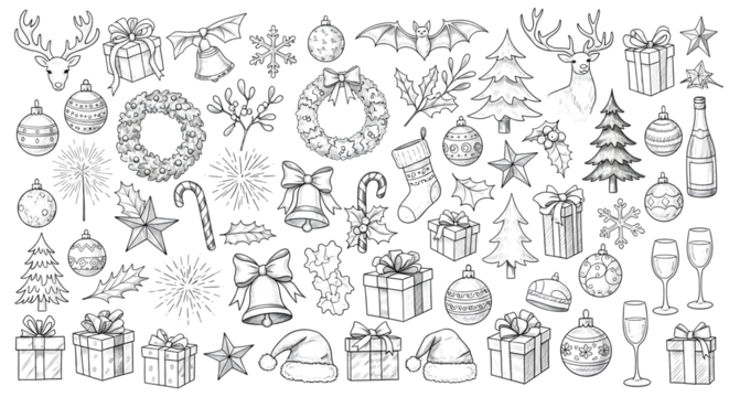 Collection of handdrawn christmas elements in sketch style, including trees, gifts, ornaments, and santa hats