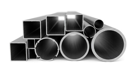 Stack of Various Metal Pipes and Tubes in Different Sizes and Shapes: Industrial Steel for Construction, Plumbing, and Manufacturing Applications