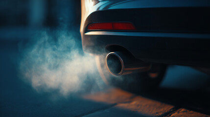 Exhaust smoke billows from a vehicle in a dimly lit urban street at night near parked cars Generative AI