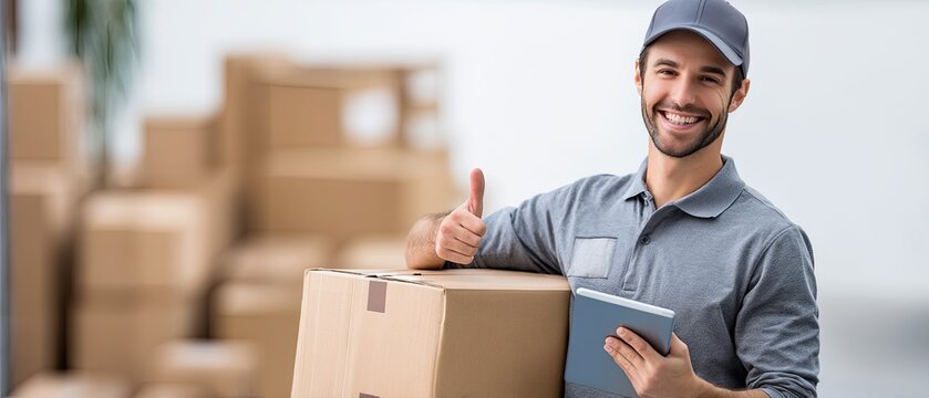 A cheerful delivery worker stands with a tablet, showing a thumbs up in front of stacked cardboard boxes in a storage space