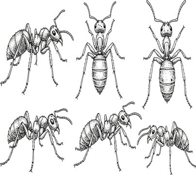 Detailed illustration of various ant poses the ants are shown in different angles, highlighting their anatomy and behavior