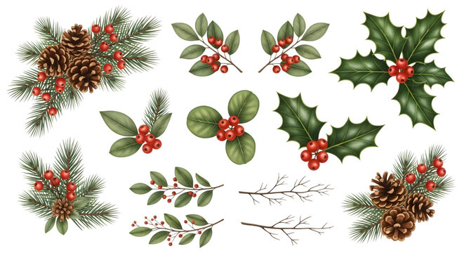 Collection of watercolor christmas botanical elements including pine branches, holly leaves, and berries