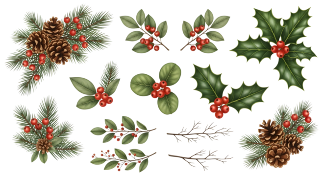 Collection of watercolor christmas botanical elements including pine branches, holly leaves, and berries