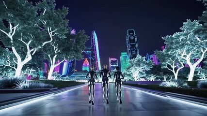 neon city street with robots walking down reflective avenue framed by glowing trees and vibrant skyline, chrome bodies catching multicolor lights, cinematic slow tracking shot, synthwave atmosphere - Powered by Adobe
