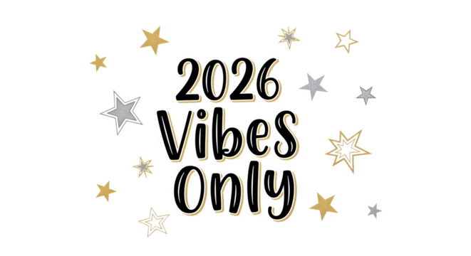 Golden 2026 vibes only handwritten text with sparkling stars and confetti isolated on transparent background
