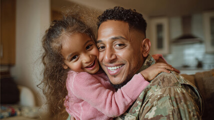 Latina Military Father and Daughter Embrace in Warm Living Room