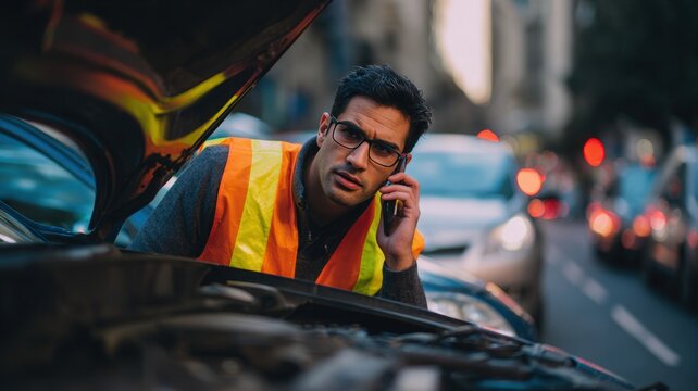 Man in Safety Vest on Phone Inspecting Car Engine on Busy City Street - Powered by Adobe