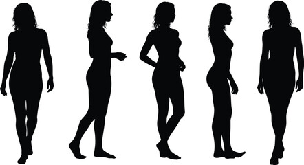 Collection of female body silhouette poses showing standing walking and side profile positions in elegant artistic style