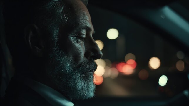 Mature Man Falling Asleep at the Wheel in Late-Evening Traffic - Powered by Adobe